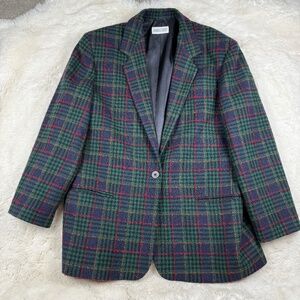 Lands' End Vintage 100% Wool Made in USA Plaid Checkered Blazer Women's Size 16